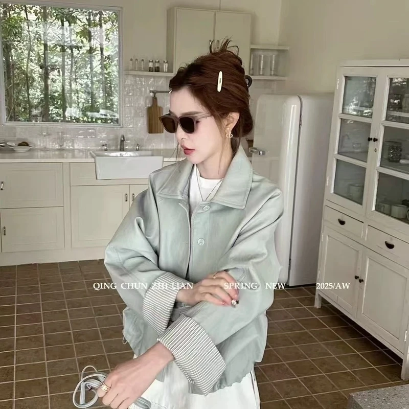 欧洲站设计感袖口撞色拼接翻领皮衣外套女2025春季新款夹克上衣