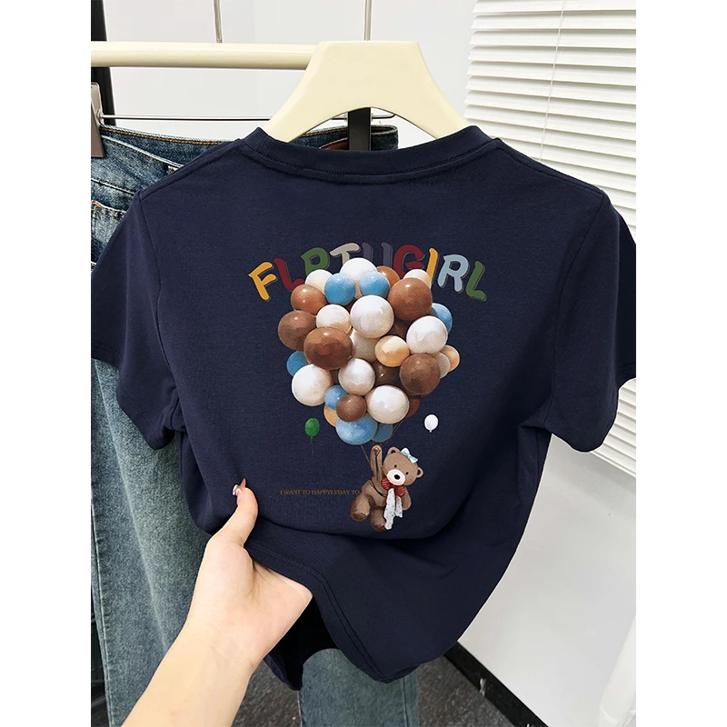 藏蓝色圆领t恤女正肩短袖2025春夏新款韩版前后卡通印花休闲上衣