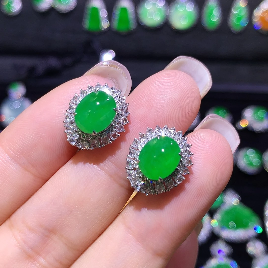 翡翠18K金镶嵌耳饰高冰满绿