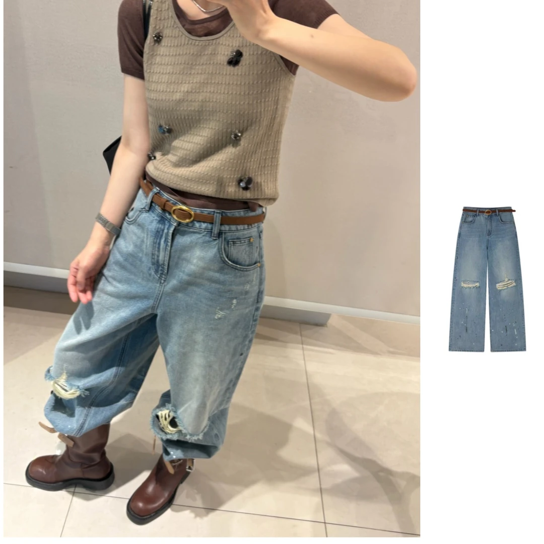 AVVENN   25早秋休闲松弛感街头阔腿破洞牛仔长裤女