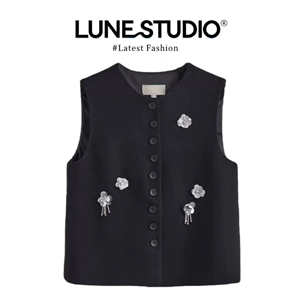 黑色复古单排扣马甲女春秋花朵水钻装饰甜酷小众无袖叠穿背心