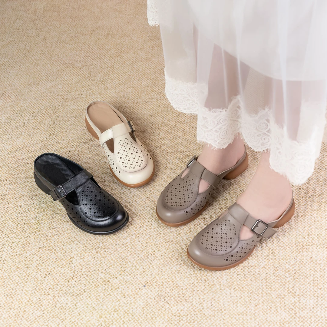 2025春夏头层牛皮时尚休闲包头拖懒人镂空复古软底洞洞鞋2533-1