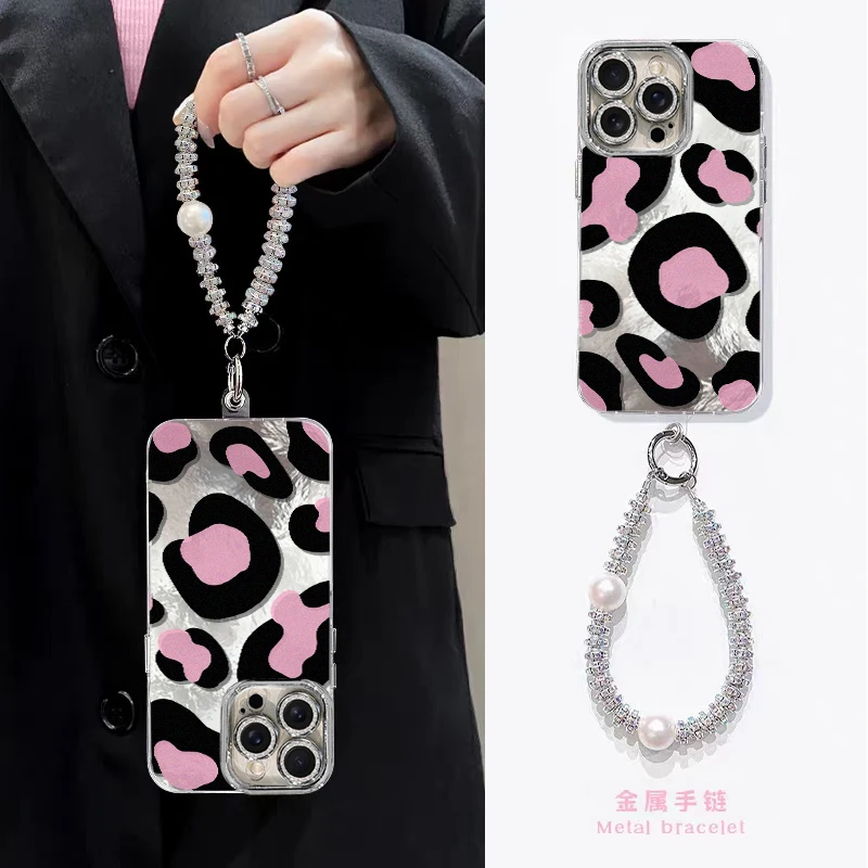 粉色豹纹适用苹果16Pro手机壳冰川纹iPhone15/14/13全包镜头防摔