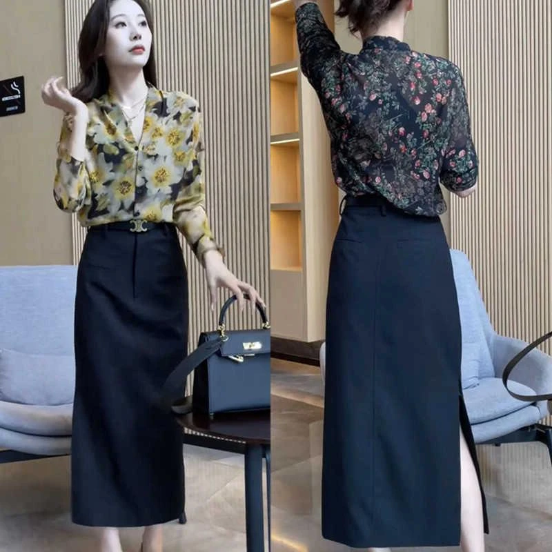 法式气质V领轻薄透气衬衫女春秋高腰侧开叉遮跨显瘦半身裙两件套