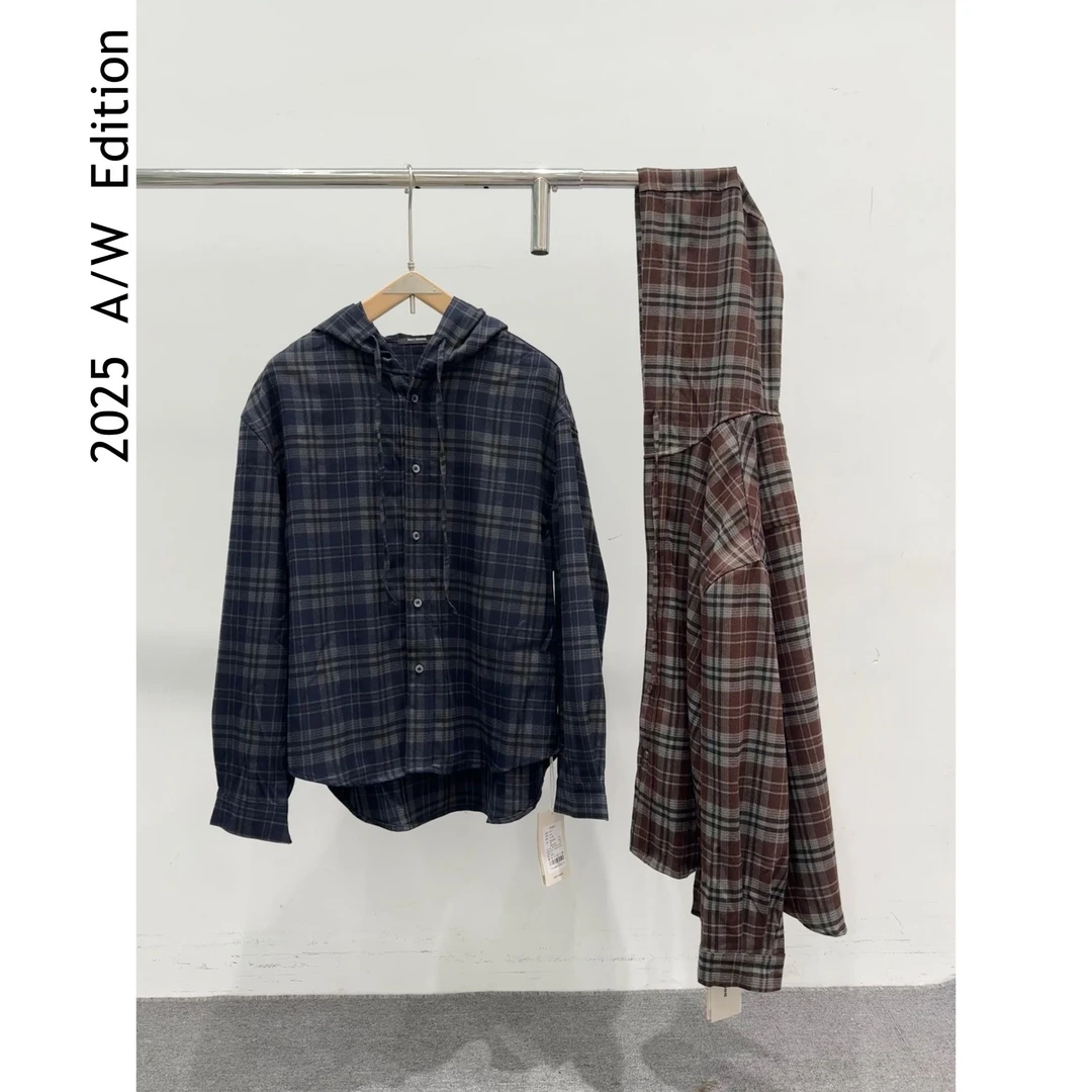 ARUI 2025 A/W 韩系美拉德复古系列格纹连帽慵懒感长袖衬衫外套