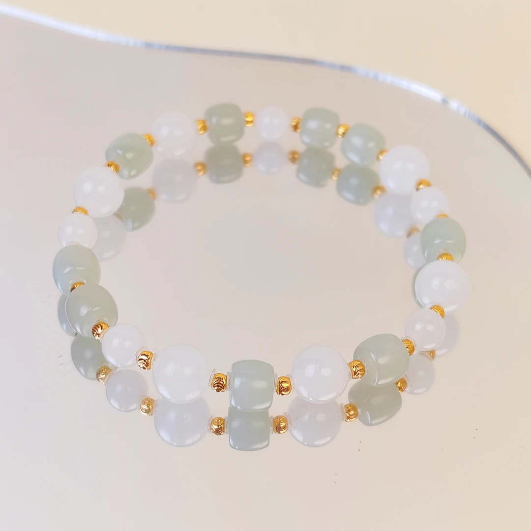 和田玉冰白玉瓷蓝单圈手串