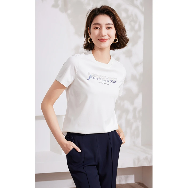 Gowani/乔万尼短袖t恤女2025新款爆款烫钻纯棉白色正肩EM2C845001