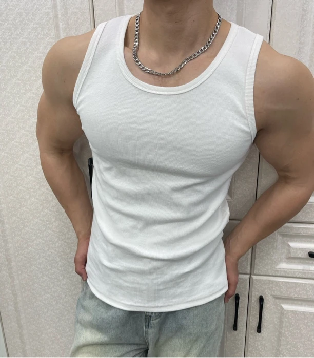 美式螺纹修身棉背心男士2025新款休闲弹力健身男士无袖坎肩T恤