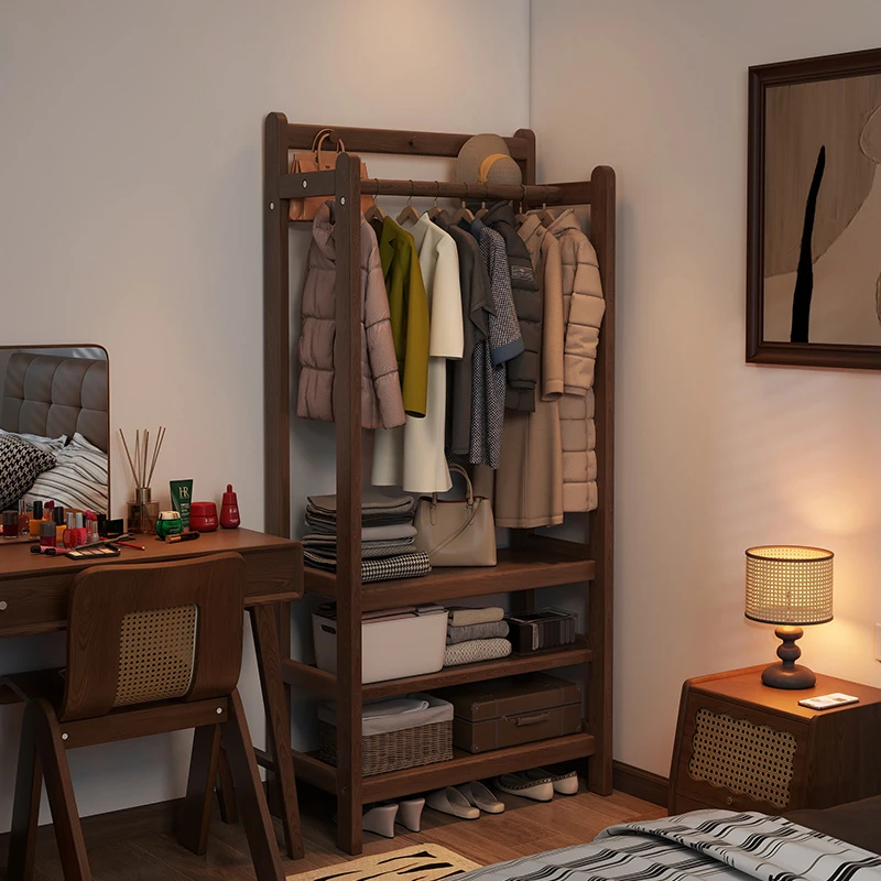 实木挂衣架卧室落地衣帽架多功能一体式置物架房间简易放衣服架子