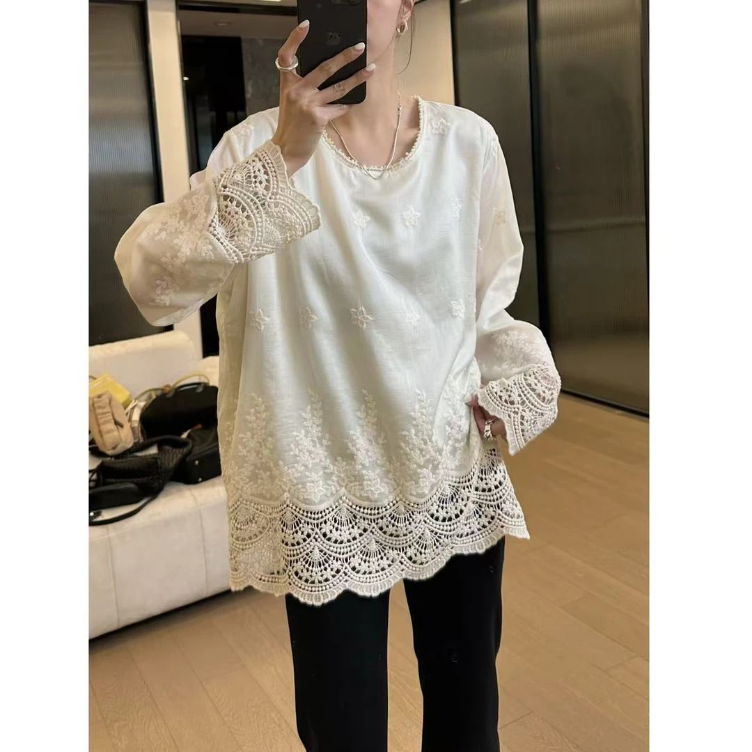 小静静一会【珍珠领小衫】2025春夏镂空刺绣上衣 2502C439