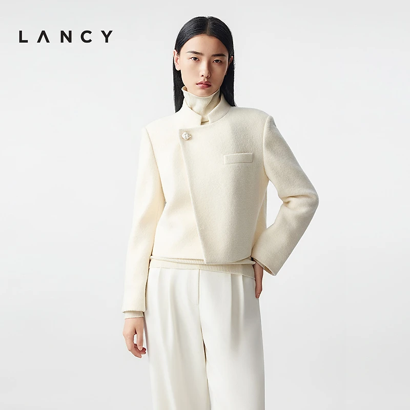 【100%羊毛】LANCY/朗姿2025冬新款新中式立领高级白毛呢短外套女