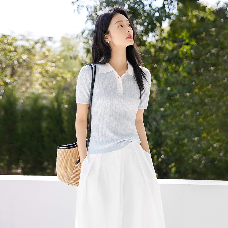 【六六专属】D01对白蓝色POLO领针织衫短袖T恤独特漂亮上衣FDO022