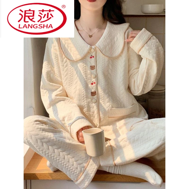 浪莎睡衣女2025秋冬季新款空气提花长袖娃娃领夹层可外穿家居