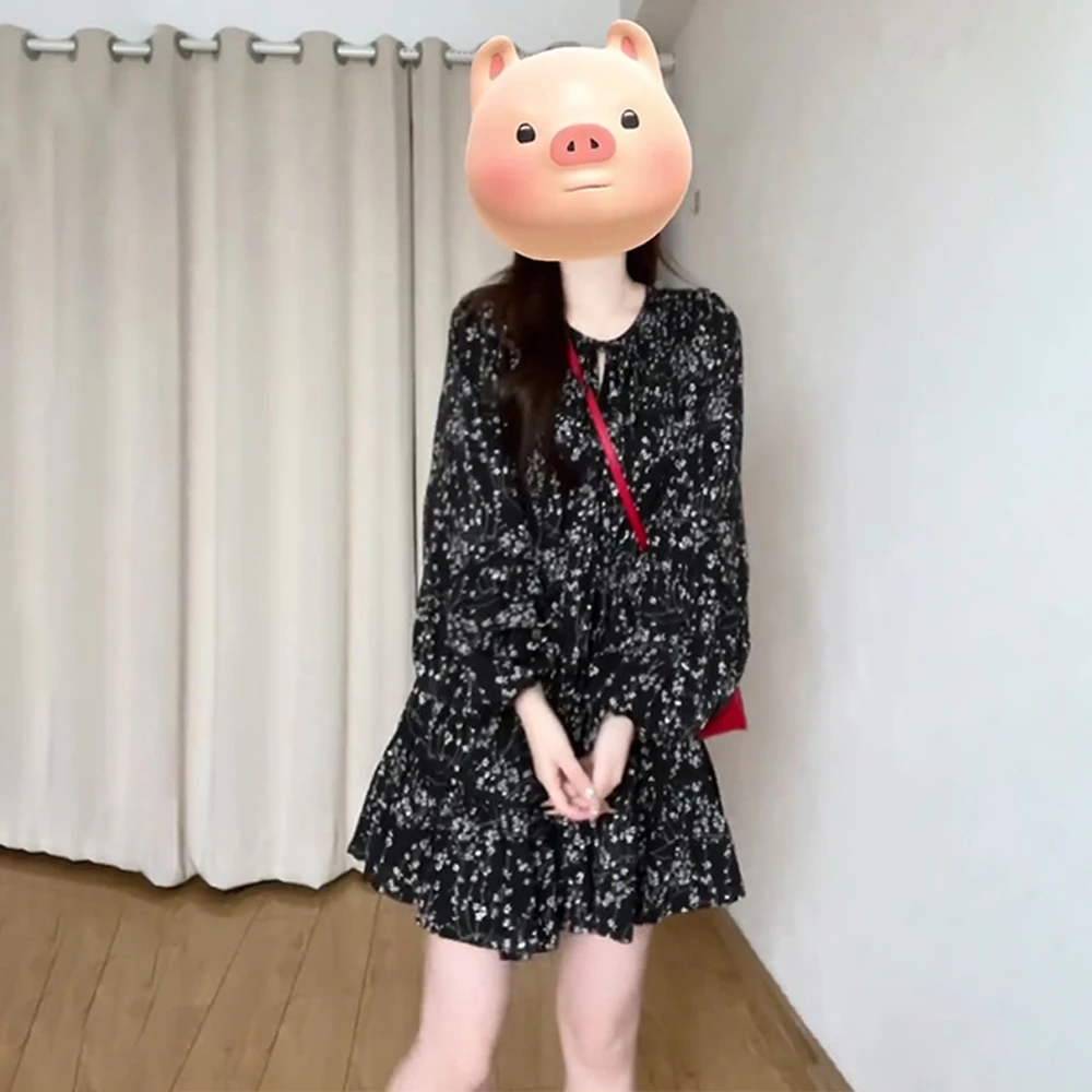 2025早秋装小个子茶歇法式黑色碎花长袖连衣裙显瘦遮肉A字短裙子