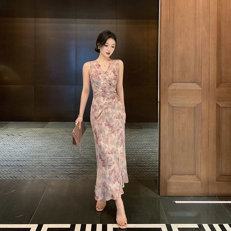 林关关【倾世浪漫】法式系带碎花吊带连衣长裙夏季御姐气质后妈裙子