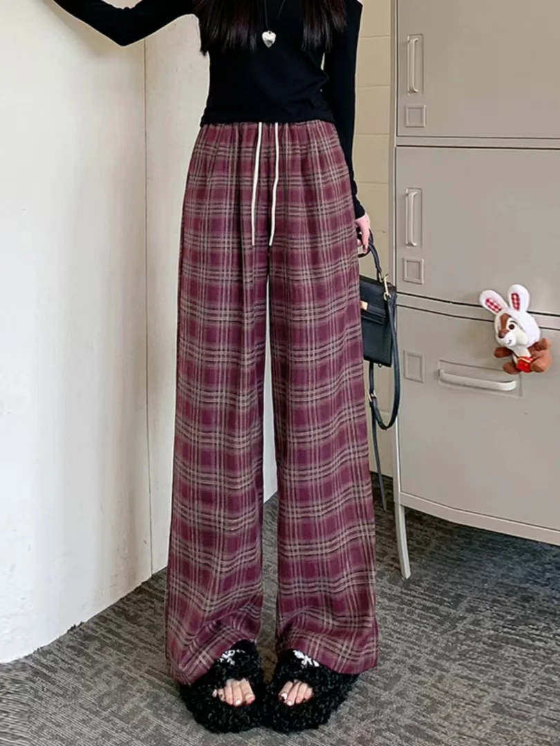春季百搭显瘦格子直筒裤慵懒风休闲裤时尚阔腿裤