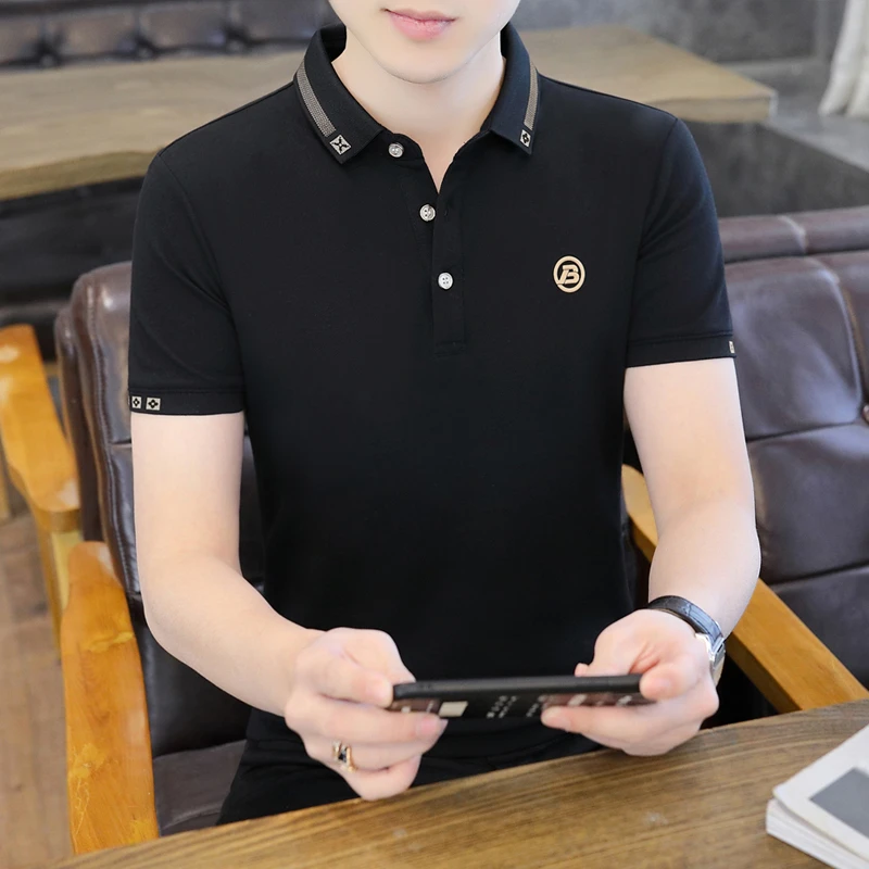 潮流夏季夏装短袖男装冰丝Polo衫修身翻领休闲t恤男经典商务衣服