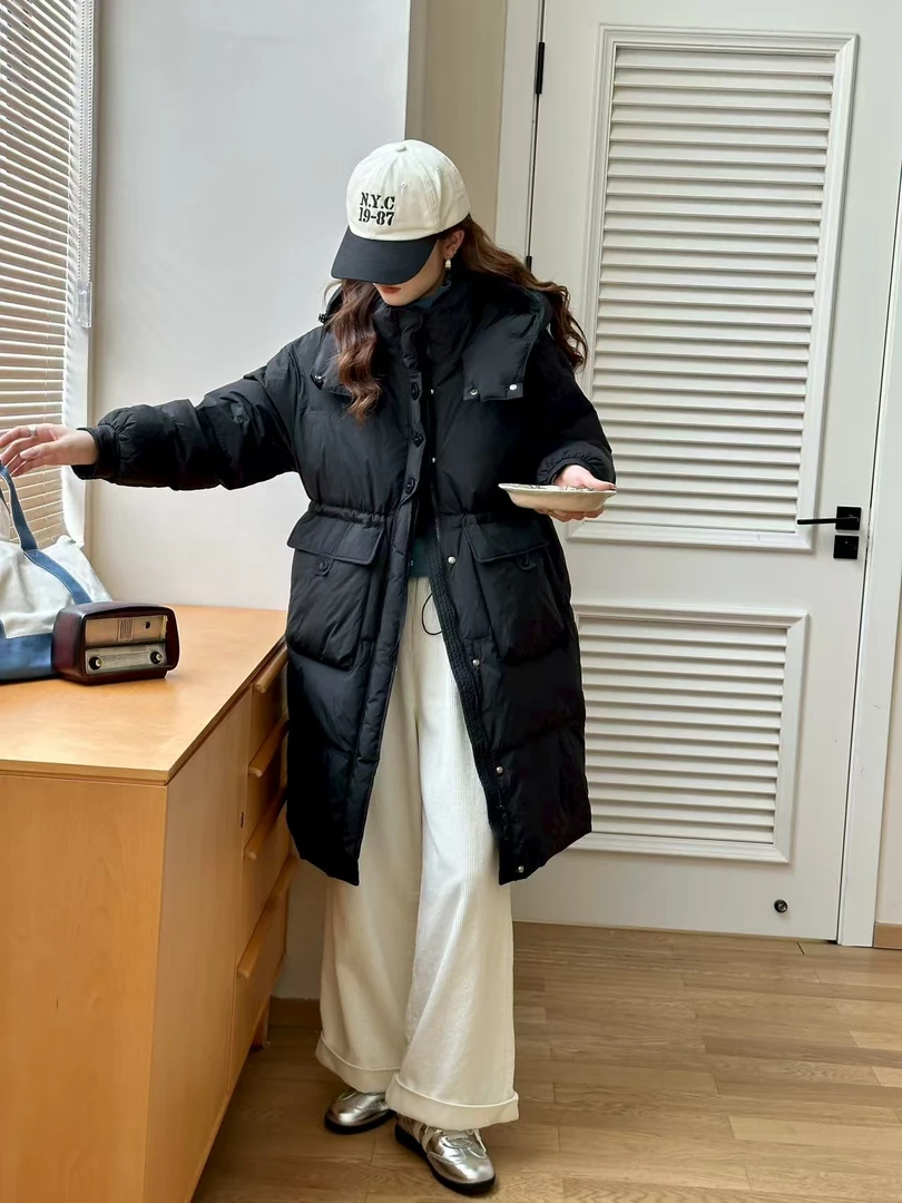 HGTY2025连帽中长款飘带设计中长款拉链亮面长款泡泡袖羽绒服