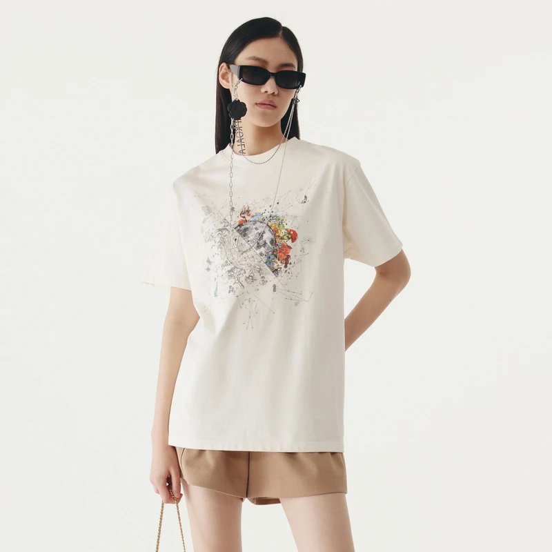 HPLY荷比俪2022秋季新款女宽松轻盈烫钻绣花印花T恤HYC3Q620023