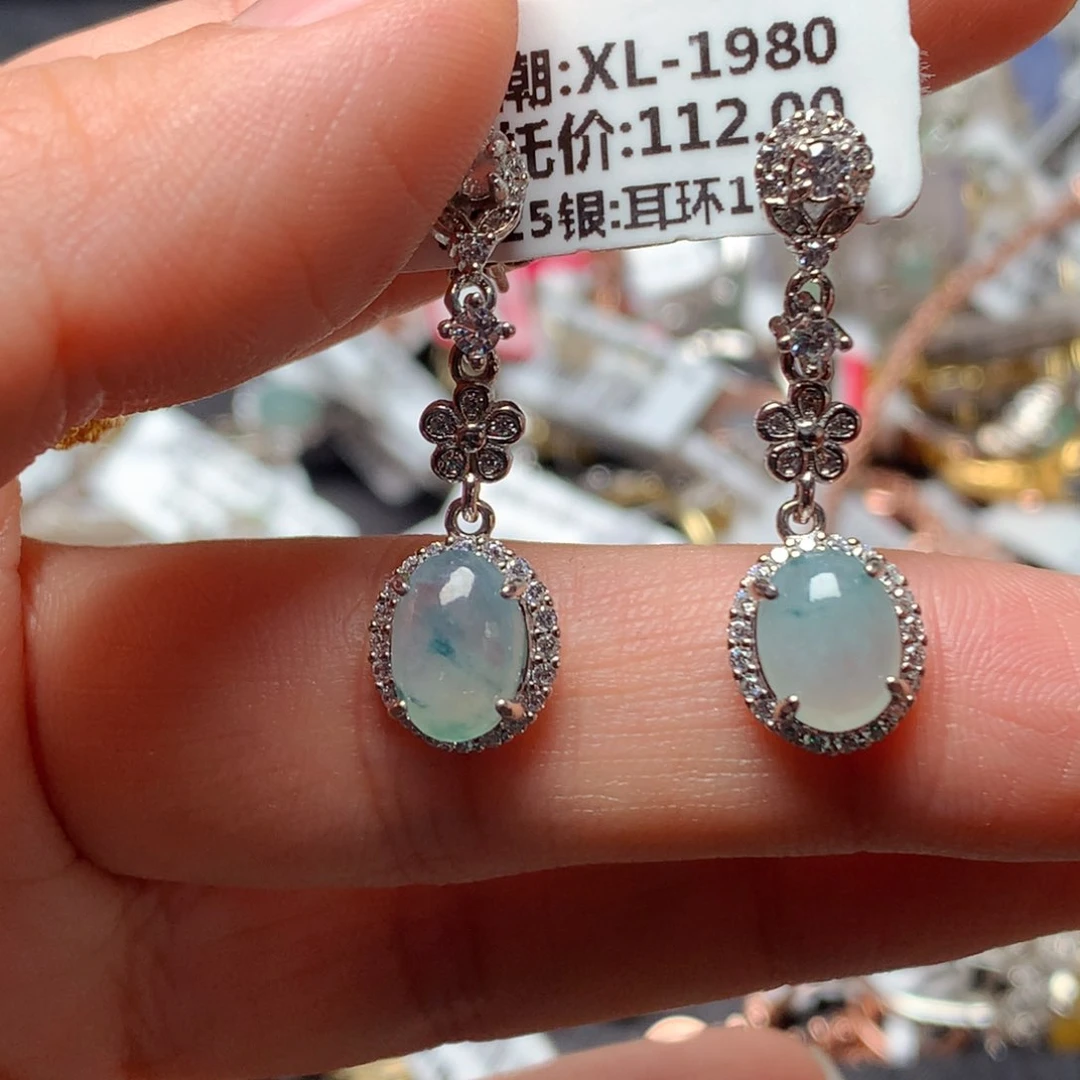 翡翠戒指银S925镶嵌天然翡翠耳饰