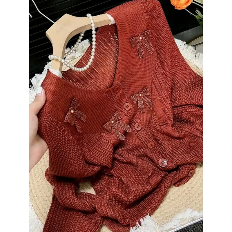 法式复古软糯宽松慵懒风上衣高级感超好看砖红色针织开衫毛衣女秋