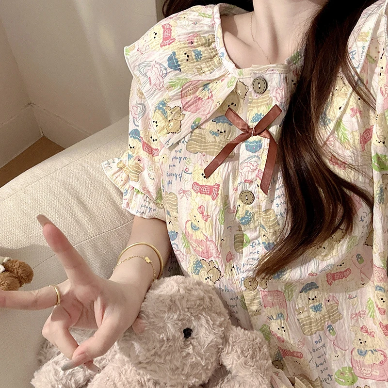 毛绒小狗带胸垫睡裙女款夏季短袖甜美薄款泡泡棉可外穿睡衣家居服