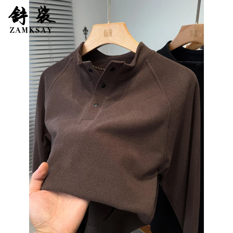 磨毛德绒打底衫男半高领门筒暗扣t恤男长袖秋冬季青年内搭上衣潮