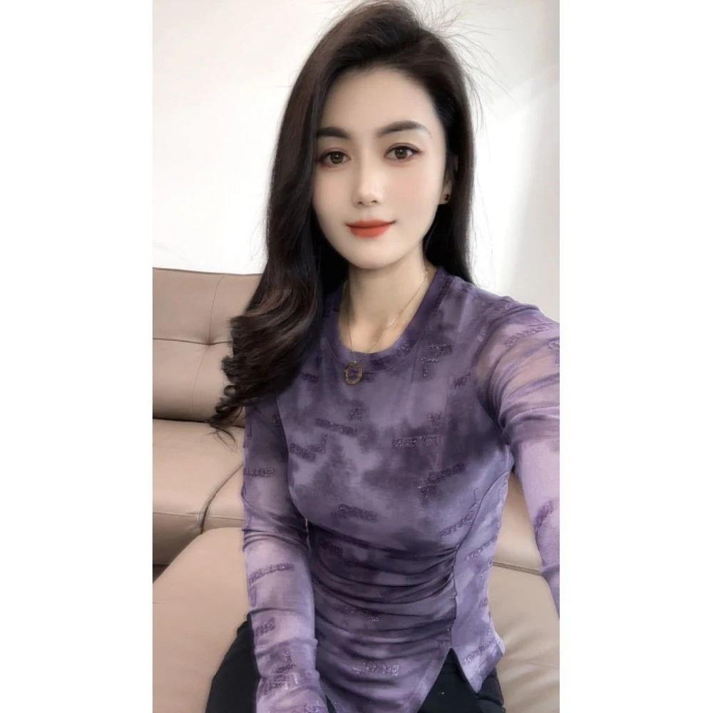 圆领烫钻网纱短袖内搭女2025年夏季新款字母印花上衣洋气休闲女装