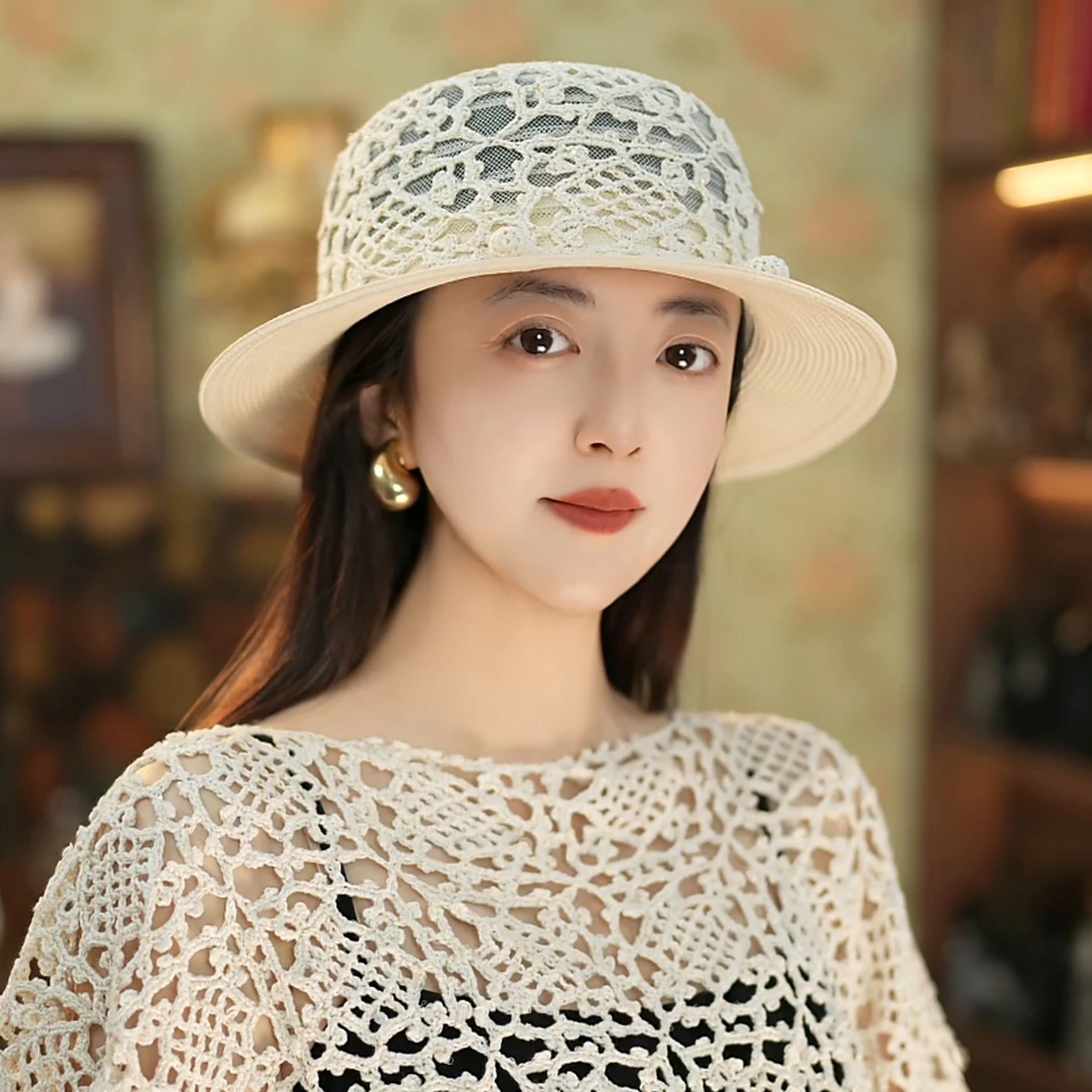 手工中国结图案透气遮阳帽春夏出游百搭太阳帽优雅平沿帽子女2025