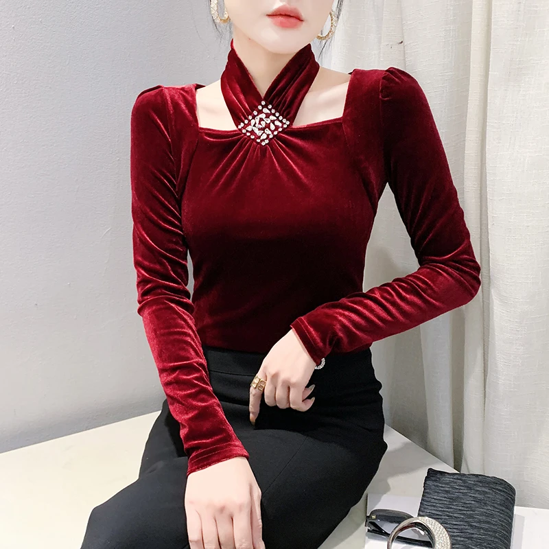 YH#设计感时尚方领镂空挂脖订钻T恤新款修身显瘦长袖打底DY12066