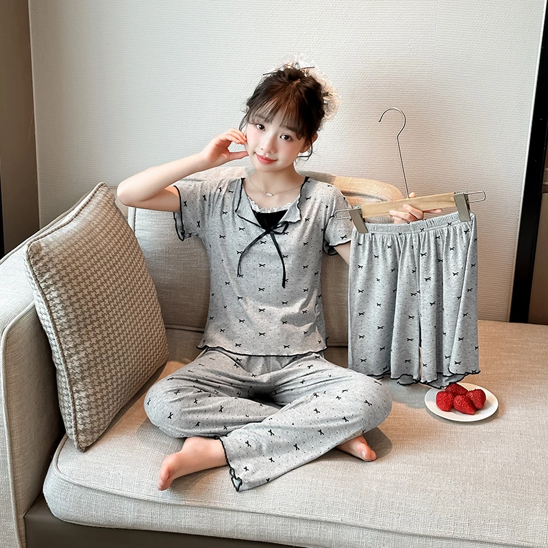 儿童睡衣女孩春夏季短袖长裤莫代尔家居服三件套装中大童空调服薄