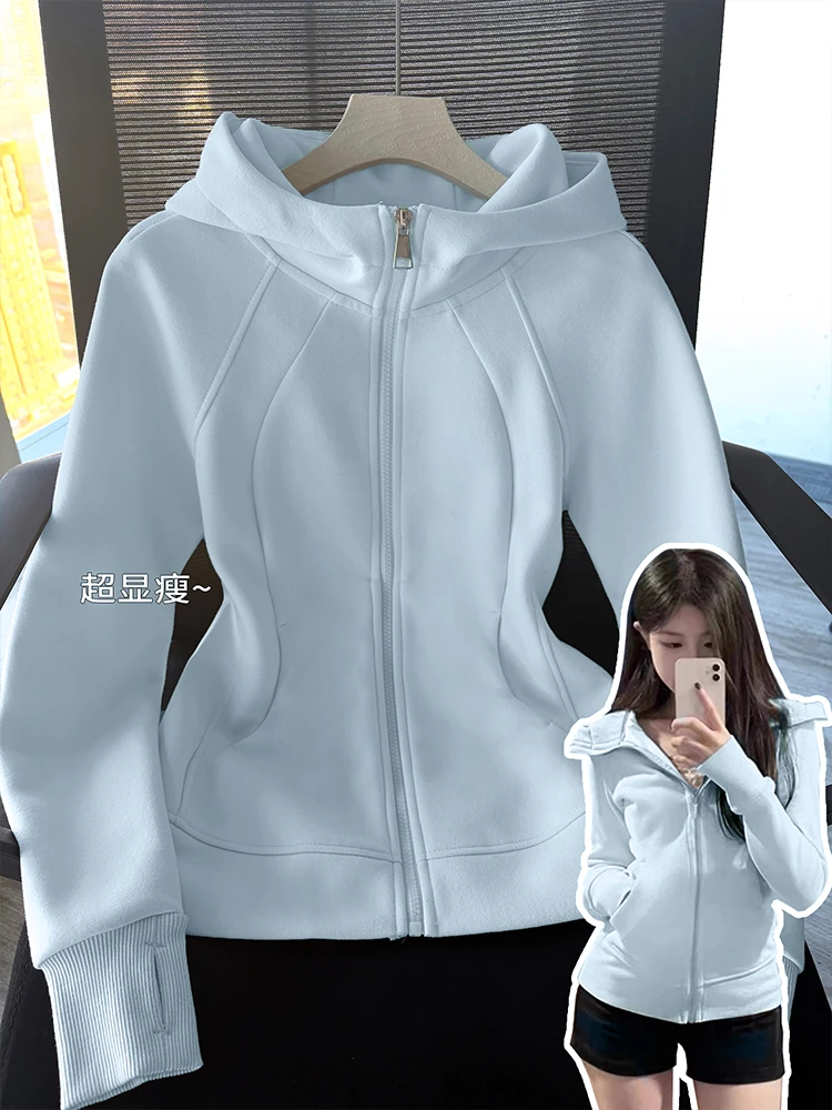 立体剪裁显瘦运动卫衣外套女秋冬季加厚双面绒连帽拉链款上衣开衫