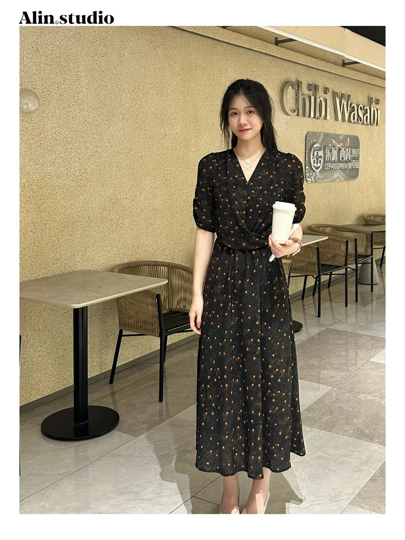 【Alin】（橙点）千金轻奢法式气质V领连衣裙优雅名媛气质连衣裙裹裙