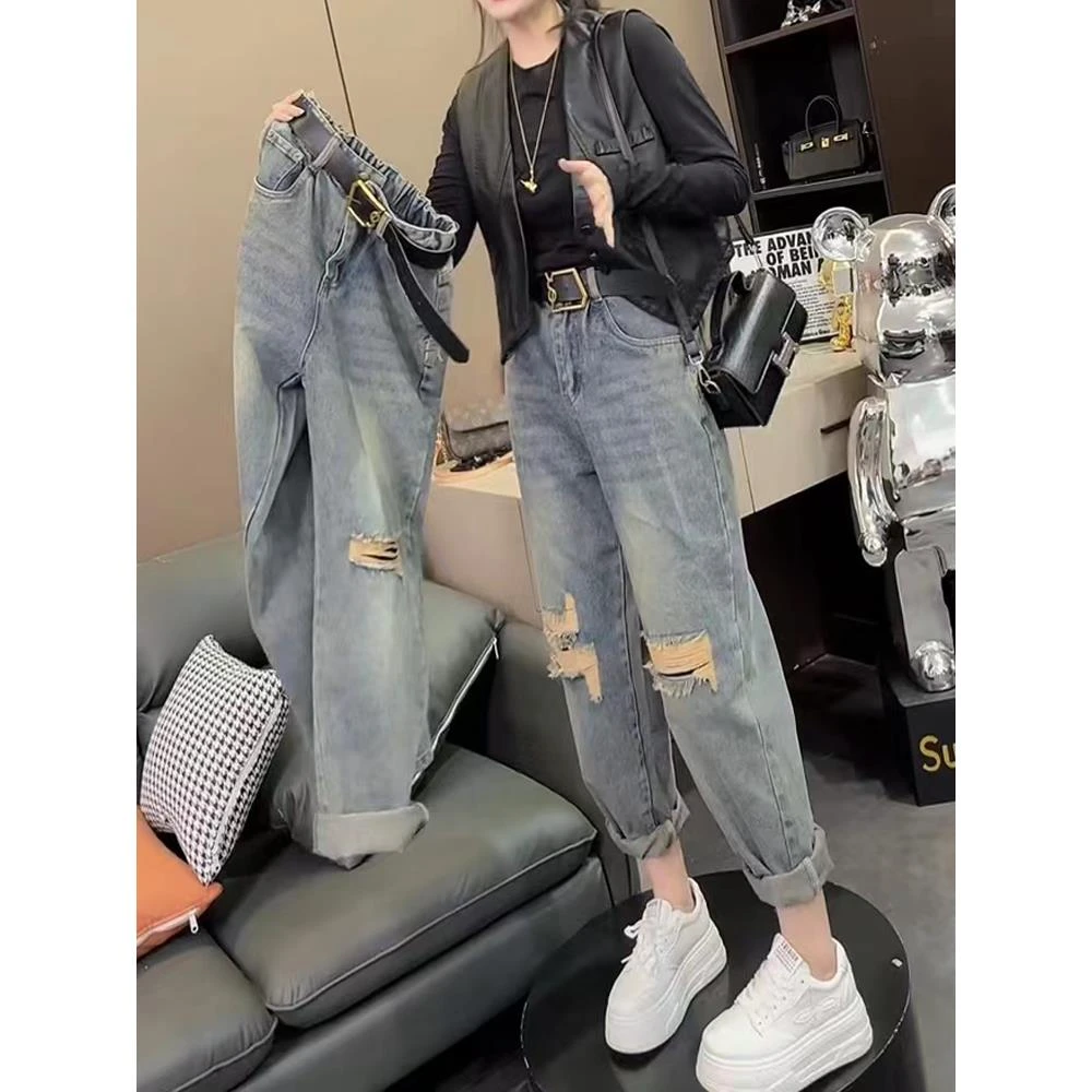 高腰直筒破洞牛仔裤女2025夏季薄款大码胖mm宽松显瘦哈伦老爹裤子