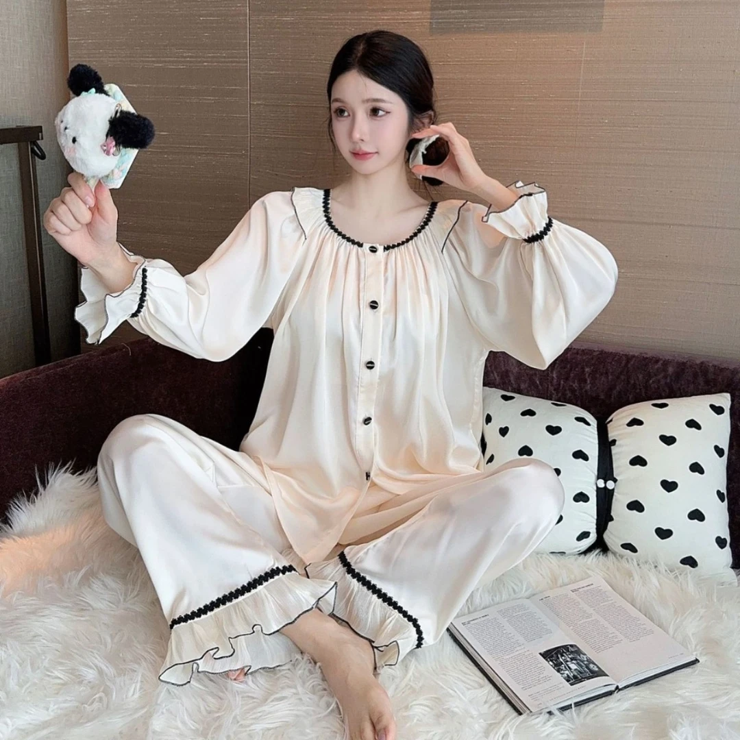 2025春季新款撞色丝绸拼接冰丝睡衣高级感法式甜美可外穿家居服女