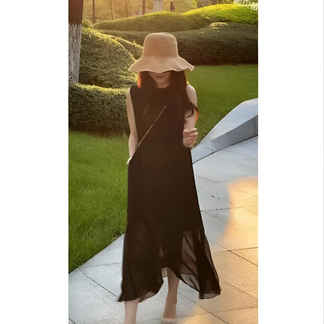 夏季长裙高级感高档赫本风拼接无袖优雅精致背心连衣裙气质裙子