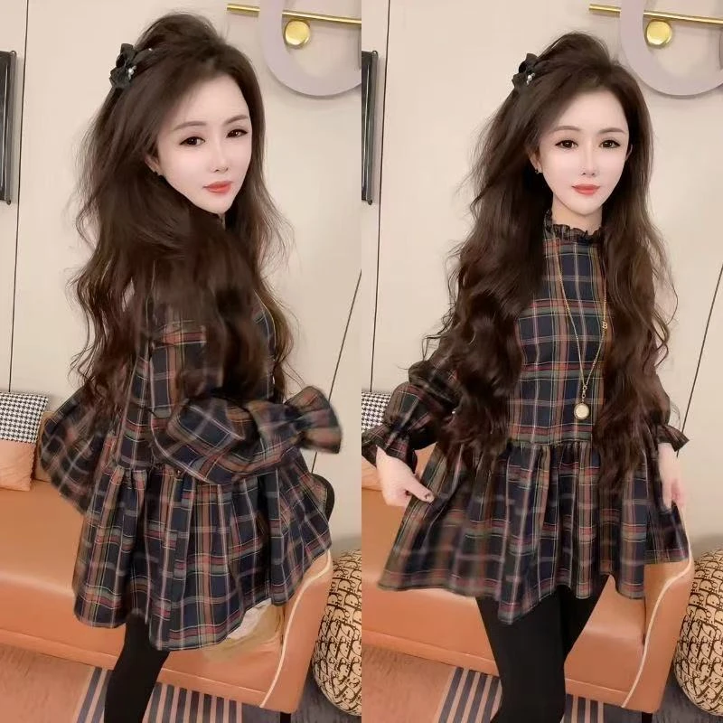 2025新款条纹荷叶边格纹连衣裙娃娃裙复古收腰大摆减龄A字裙