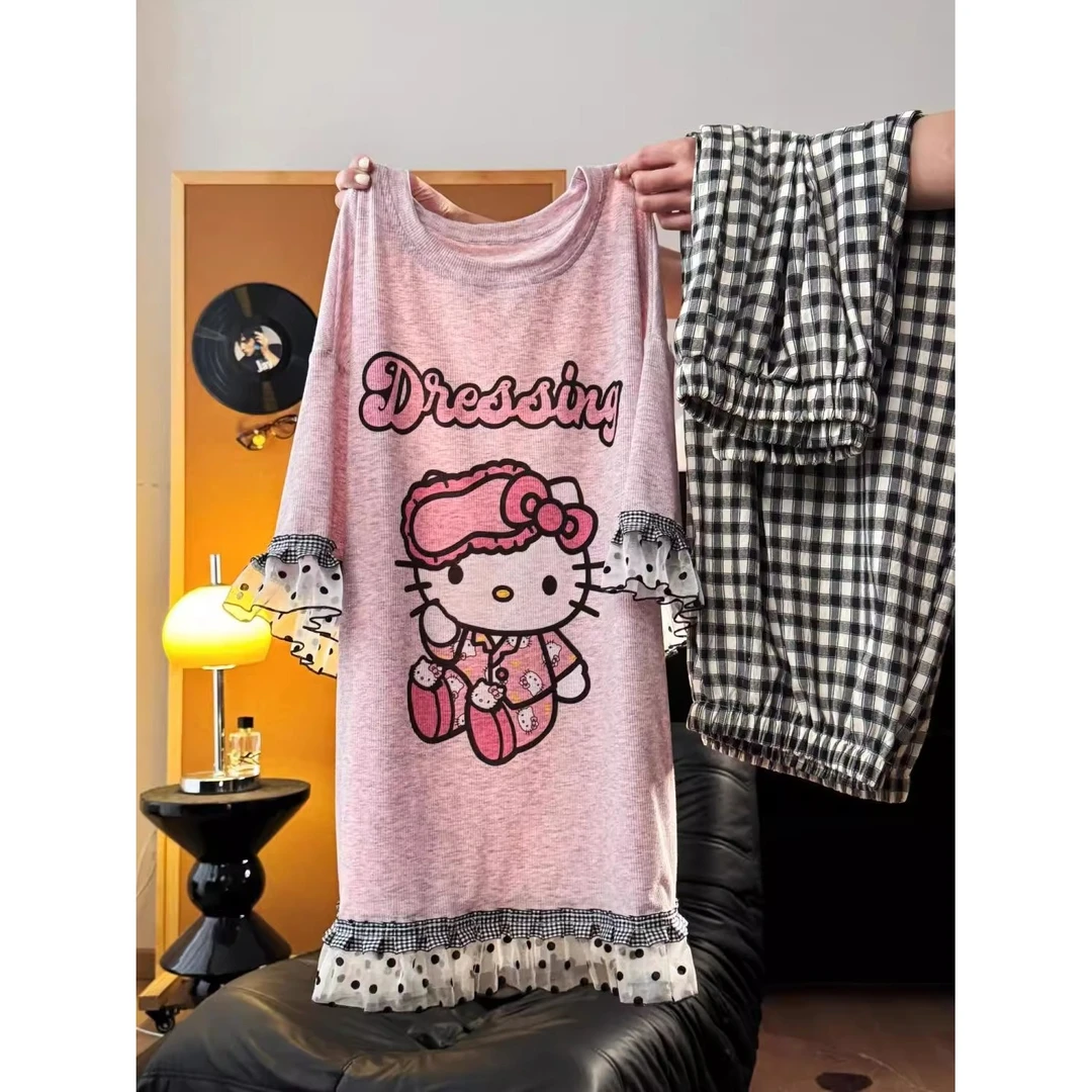 kitty猫印花短袖睡衣女夏2025新款复古格子长裤家居服套装可外穿