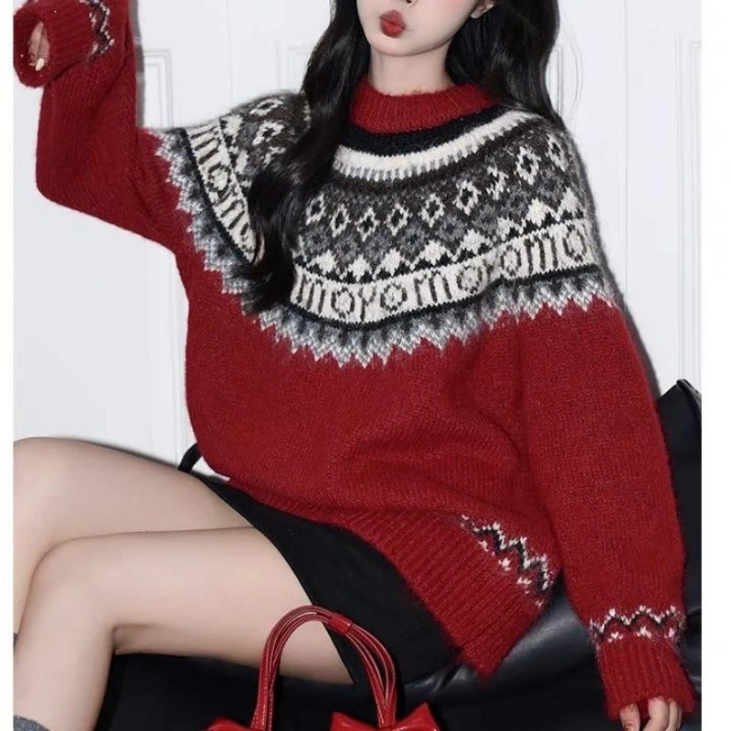 （衣兮复古撞色提花毛衣）8066慵懒风费尔岛毛衣时尚宽松针织衫G