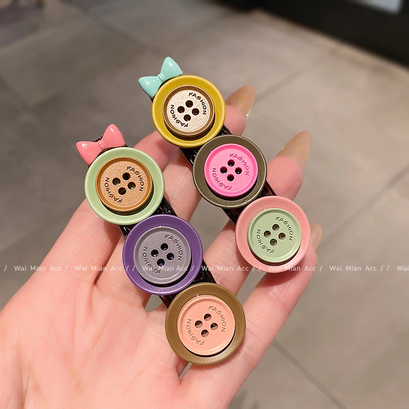 卡通可爱刘海发夹女甜美撞色纽扣鸭嘴夹碎发夹新款儿童不伤发边夹