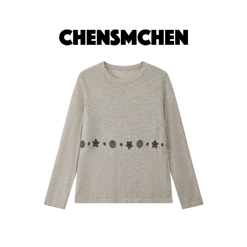 CHENSMCHEN100%绵羊毛圆领长袖针织衫女休闲慵懒感上衣CSZ8619YW