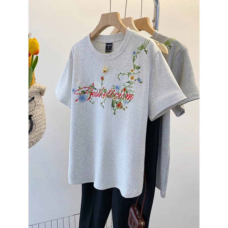 胖mm大码刺绣短袖t恤女夏oversize美式潮牌200斤宽松遮肉半袖