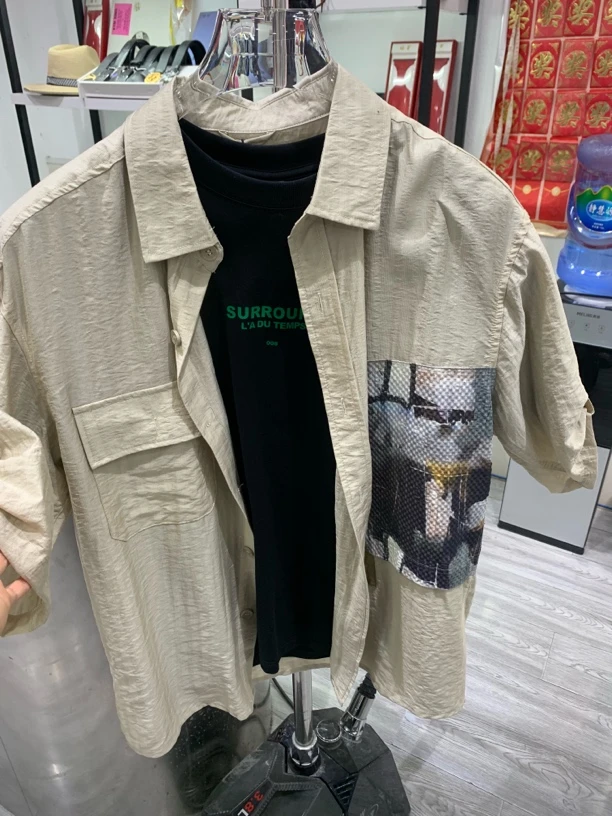 男士宽松短袖衬衫时尚休闲拼接印花百搭夏季薄款上衣中袖