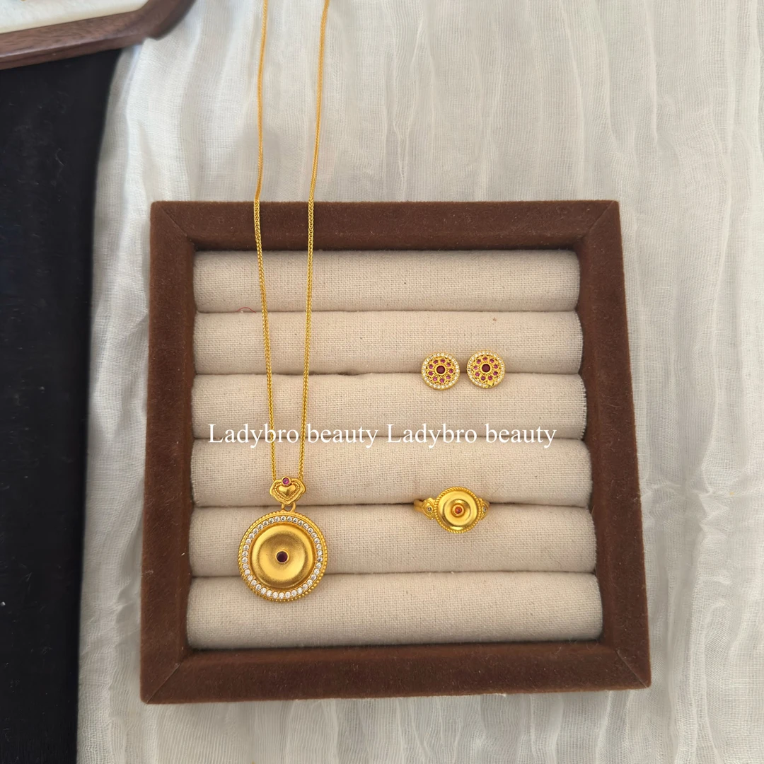 铜合金亚克力吊坠 古法复古风镶钻拉丝平安扣三件套中式如意圆形