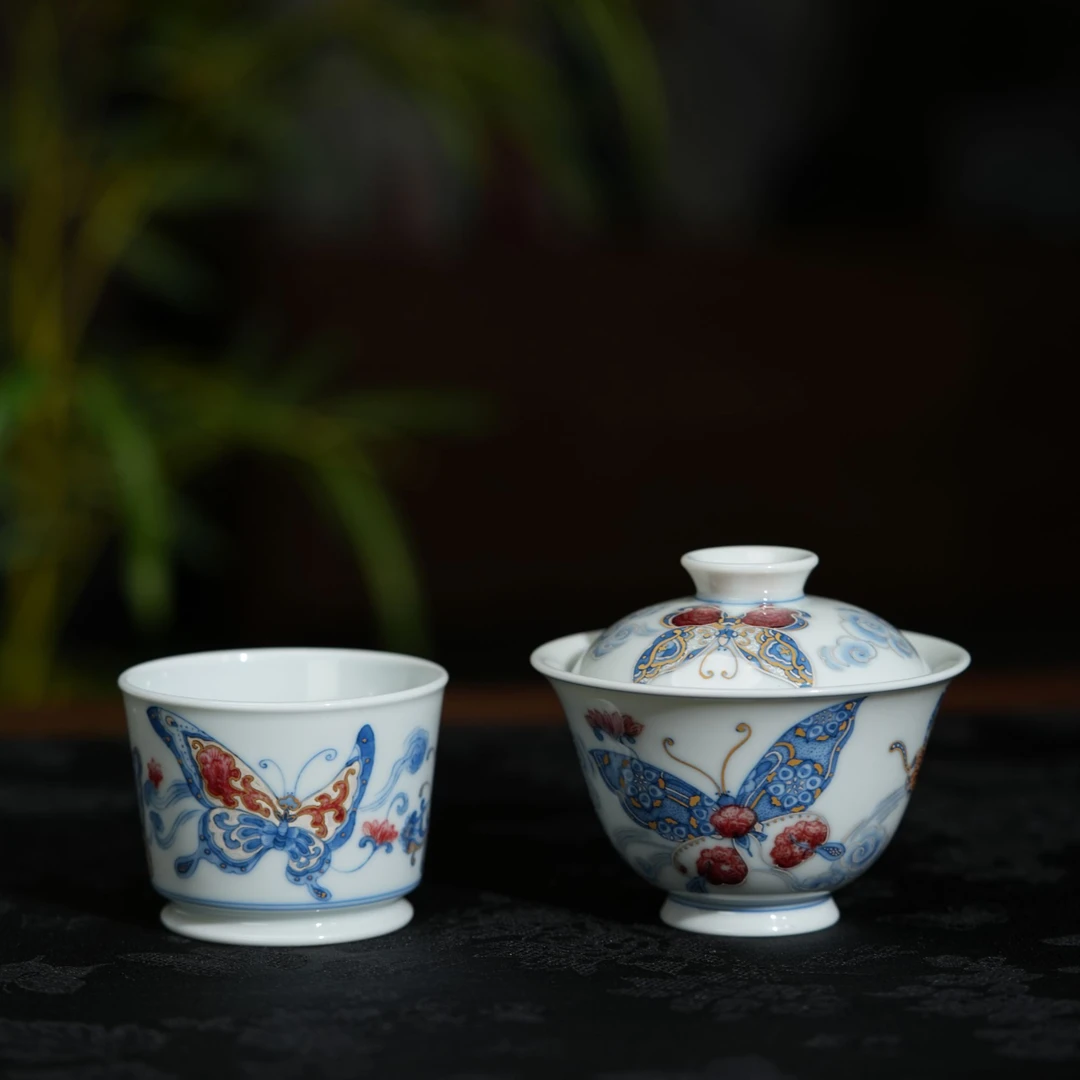 屹朴堂青花釉里红金银错蝴蝶茶具 景德镇釉下彩高档送礼礼盒陶瓷