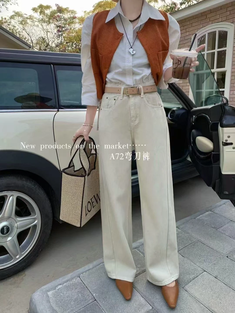 薇莎A72【弯刀裤】春款杏色无弹显瘦百搭直筒软牛仔裤