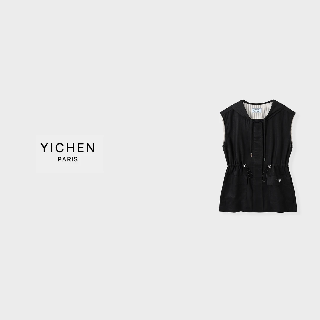 YC 深棕色/黑色抽绳连帽无袖亚麻老钱松弛感外套-1989