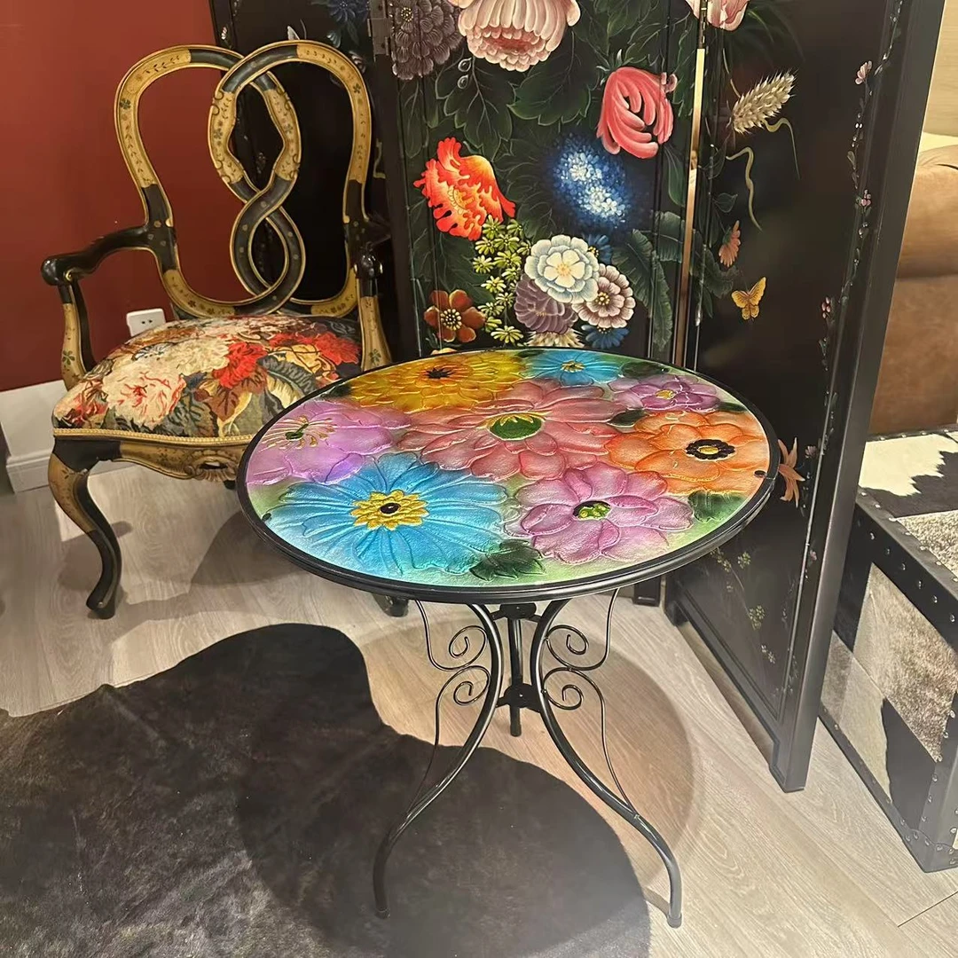 繁花大号琉璃桌休闲咖啡桌庭院边桌金属圆桌直径56cm