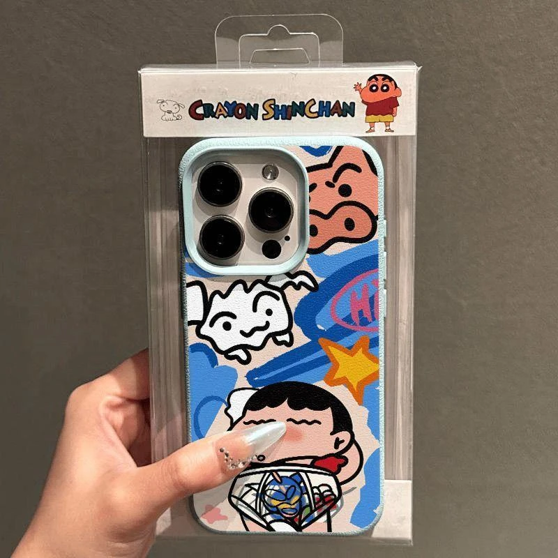 睡觉小新涂鸦适用苹果16promax手机壳iphone15/14荔枝纹13/12软套