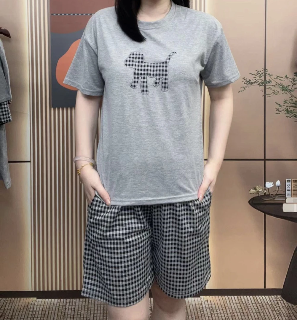 夏季新款纯棉睡衣小狗格纹宽松简约时尚可居家可外穿家居服套装